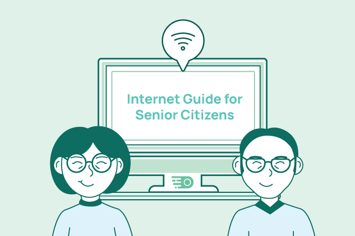graphic of a senior citizen couple with a desktop computer