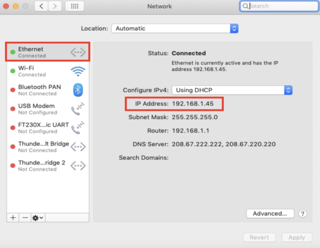 screenshot of ethernet settings on Mac