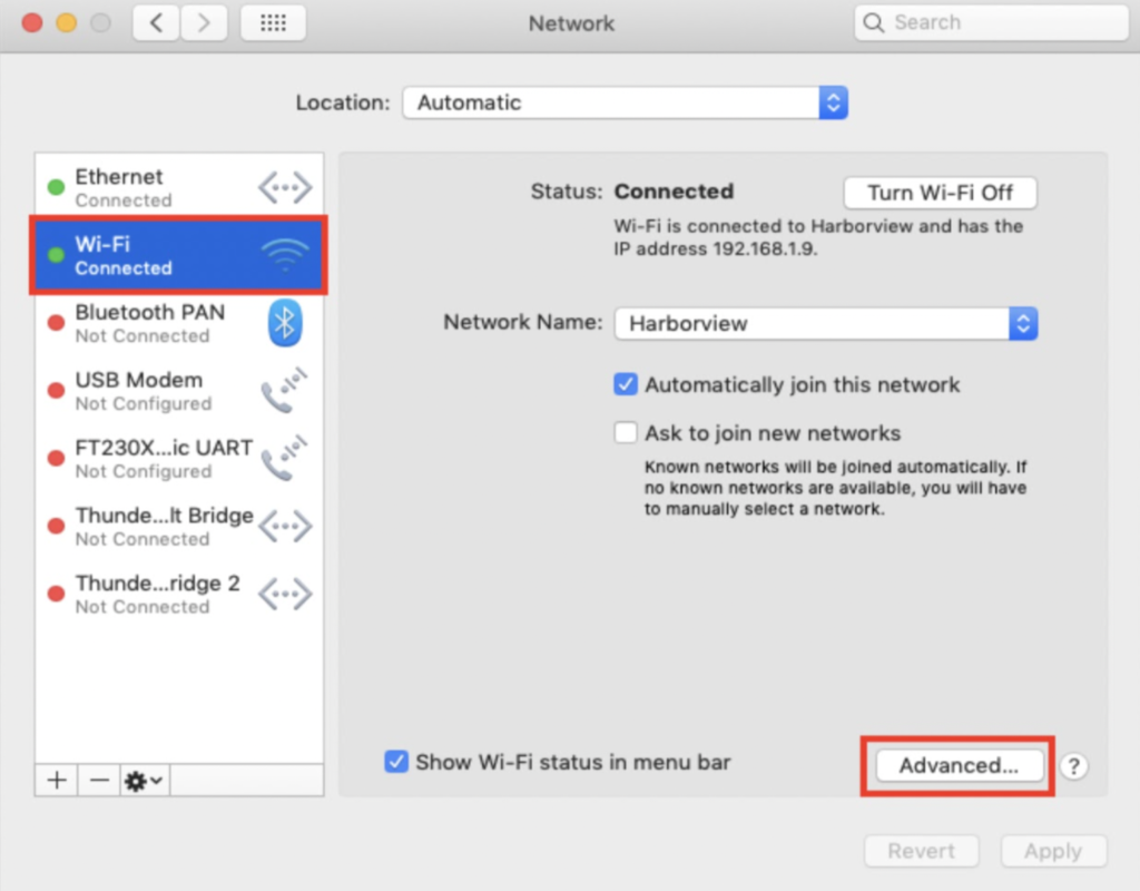 screenshot of WiFi settings on Mac