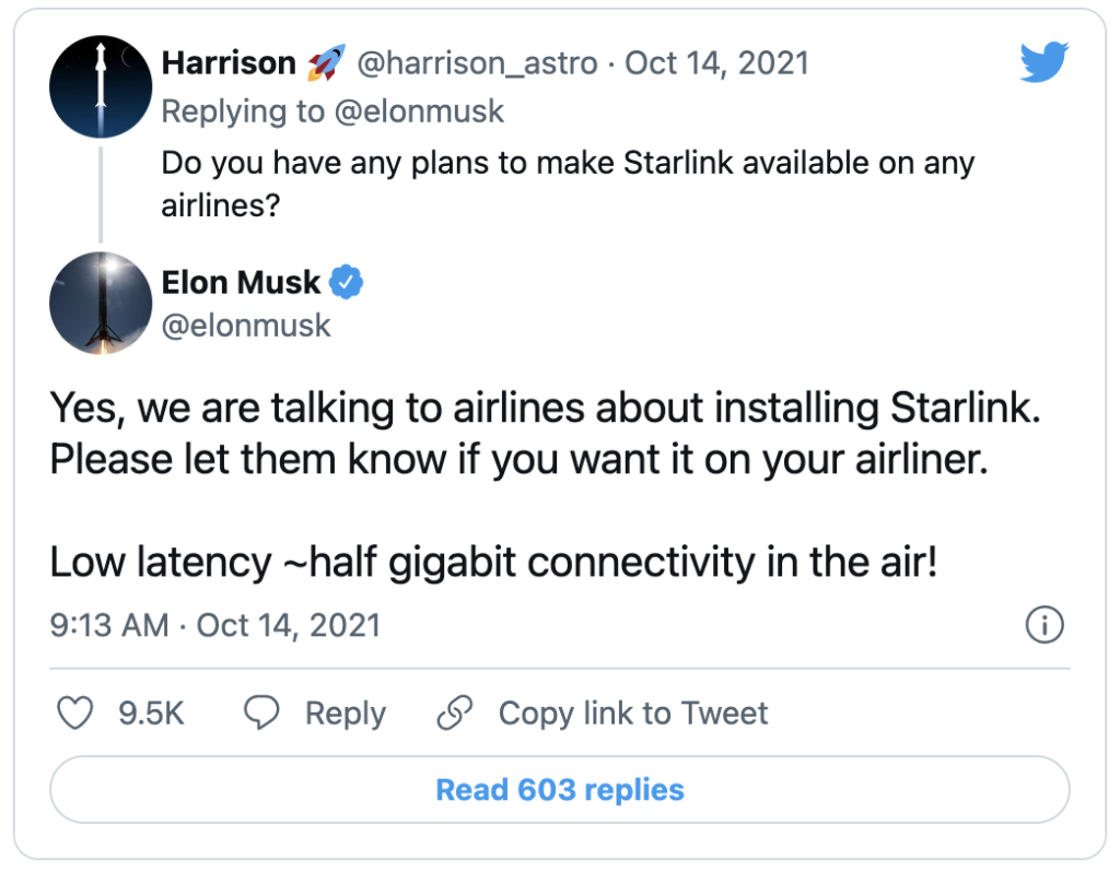 Screenshot of Elon Musk's tweet about Starlink on airlines