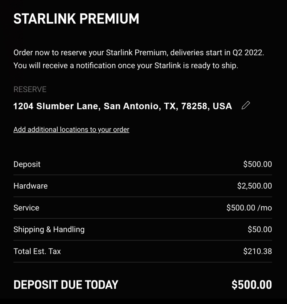 screenshot of Starlink's premium pricing