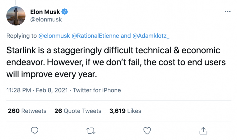 Elon Musk Tweet regarding the importance of Starlink and its difficulties.