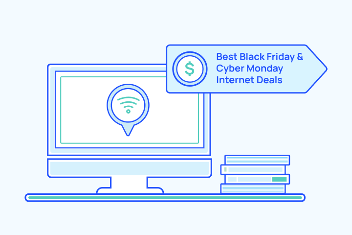 graphic of desktop computer with black friday cyber monday internet deals