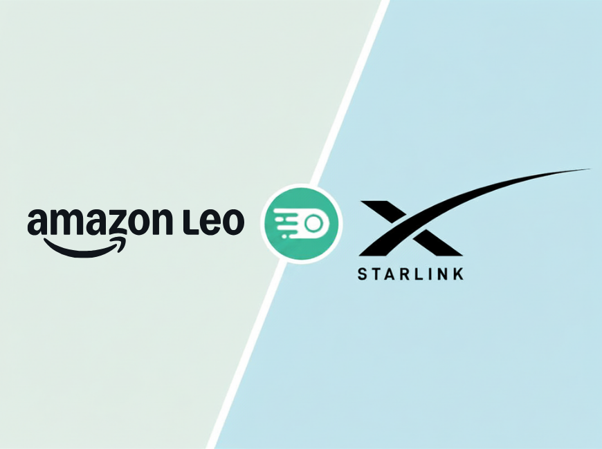 Featured image for an article that compares Amazon Leo vs Starlink low Earth orbit satellite internet service